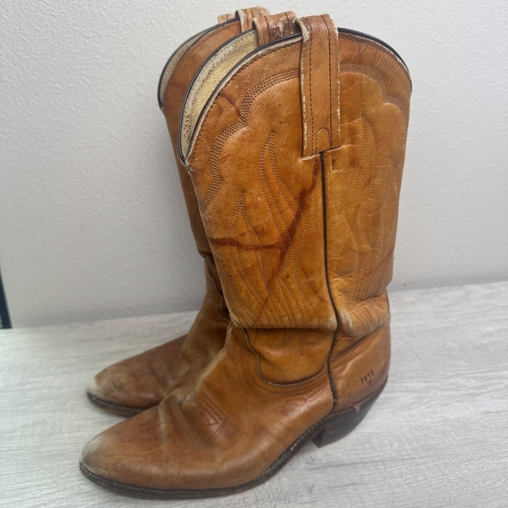 Frye Vintage Western Cowboy Boots 10 1/2 D Tan Leather Distressed Pointed Toe